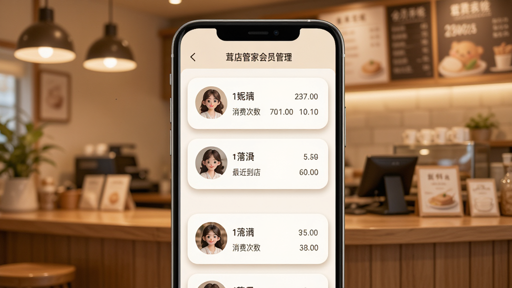 茸店管家会员管理界面,手机屏幕显示会员列表,包含头像、昵称、消费次数与最近到店时间;画面布局为手机居中,背景为温馨店铺环境;风格柔和圆角,暖色调;细节上会员卡片有轻微阴影,信息层次分明;画质高清,干净,无多余元素