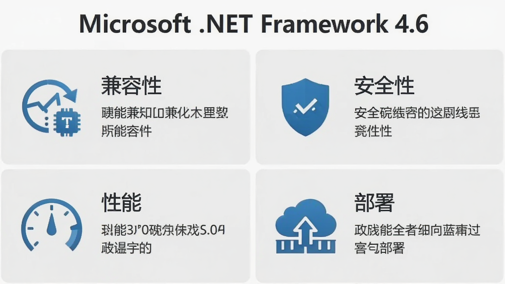 一张展示 Microsoft .NET Framework 4.6 功能特性的信息图,画面分为四个模块,分别标注“兼容性”“安全性”“性能”“部署”,每个模块配有对应的图标与简短文字说明,背景为浅灰色,风格简洁商务,画质清晰干净,无多余元素