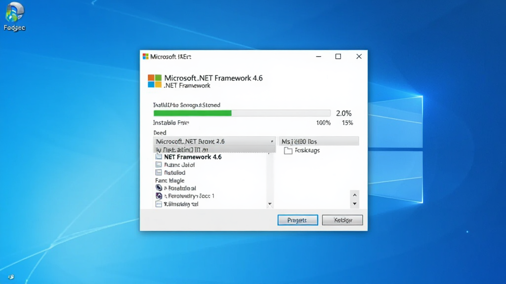 一张展示 Windows 电脑桌面的图片,屏幕中央是 Microsoft .NET Framework 4.6 安装向导窗口,背景为简洁的蓝色渐变壁纸,窗口内显示安装进度条与微软标志,画面风格为写实科技风,细节包括安装按钮、进度百分比、文件列表,画质清晰干净,无多余元素