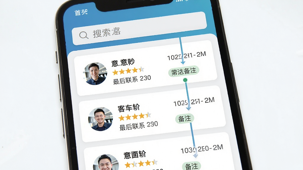 一张展示车商通二手车软件客户跟进功能的图片,画面主体为手机屏幕显示客户列表与跟进记录时间线,布局为上方搜索栏下方客户卡片列表,排版简洁明了,风格为清新移动端UI风格,细节包括客户头像、意向星级、最后联系时间、备注标签等,画质高清,画面干净,无多余元素。