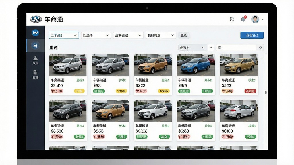 一张展示车商通二手车软件车源管理界面的图片,画面主体为电脑屏幕显示车辆信息录入表格与车辆缩略图列表,布局为上方筛选栏下方车辆卡片网格,排版清晰整齐,风格为简洁科技风,细节包括品牌logo、里程数字、价格标签、状态标签等,画质高清,画面干净,无多余元素。