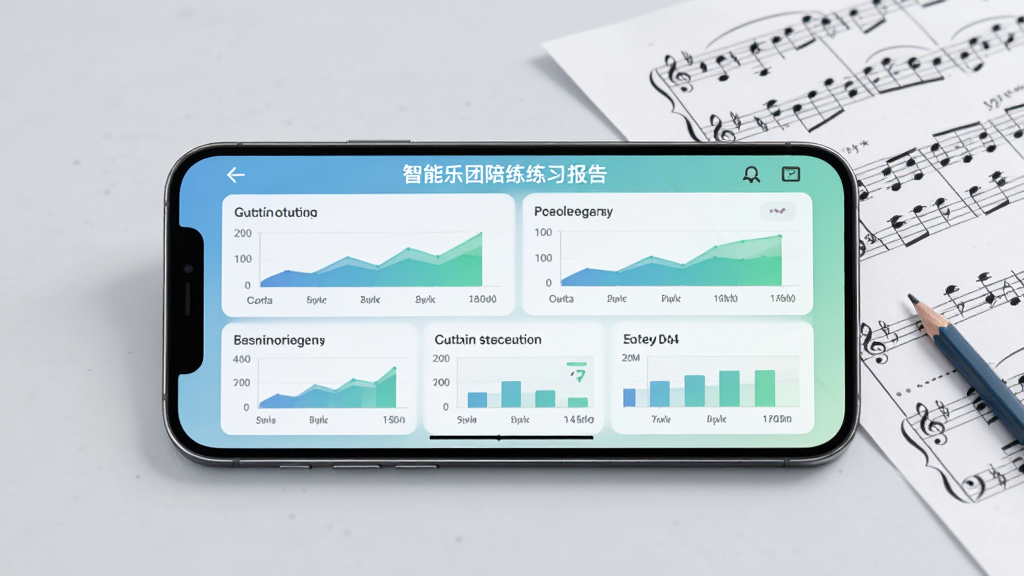 智能乐团陪练练习报告界面展示,画面中一部手机横屏显示,屏幕上呈现着音准准确率、节奏稳定性等多维度评分图表,背景为柔和的浅灰色,图表使用蓝绿渐变配色,手机旁边散落着几份乐谱和一支铅笔,整体风格专业简洁,画质清晰,无多余装饰
