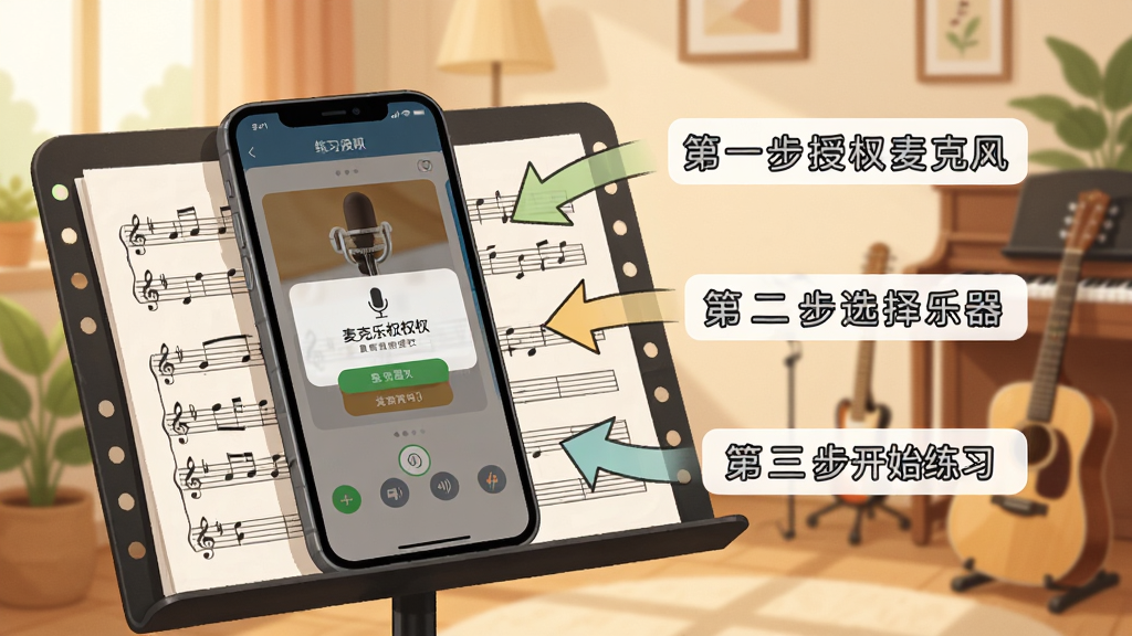智能乐团陪练新手操作示意图,画面展示一部手机放置在乐谱架上,屏幕显示麦克风权限授权弹窗和练习界面,旁边有箭头标注“第一步授权麦克风”“第二步选择乐器”“第三步开始练习”等步骤说明,背景为温馨的家庭练习室环境,风格亲切易懂,画质清晰,文字标注明确无杂乱