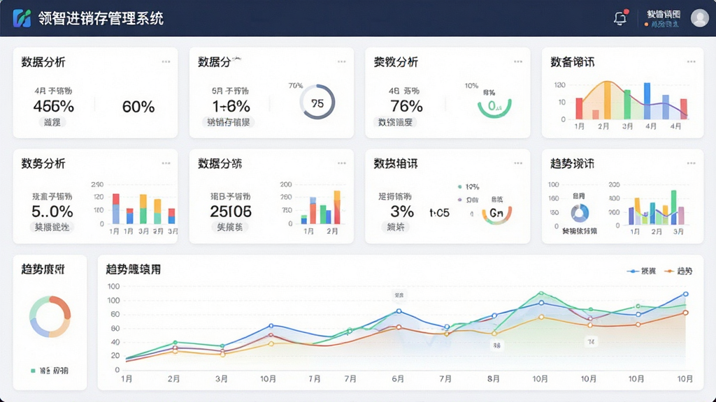 AI生图,画面主体为数据分析仪表盘,布局上方为标题栏,中间为多张报表卡片,下方为趋势折线图,排版采用网格布局,风格为清新简约,细节包含“领智进销存管理系统”字样、百分比数字、彩色图表,画质高清,干净,无多余元素
