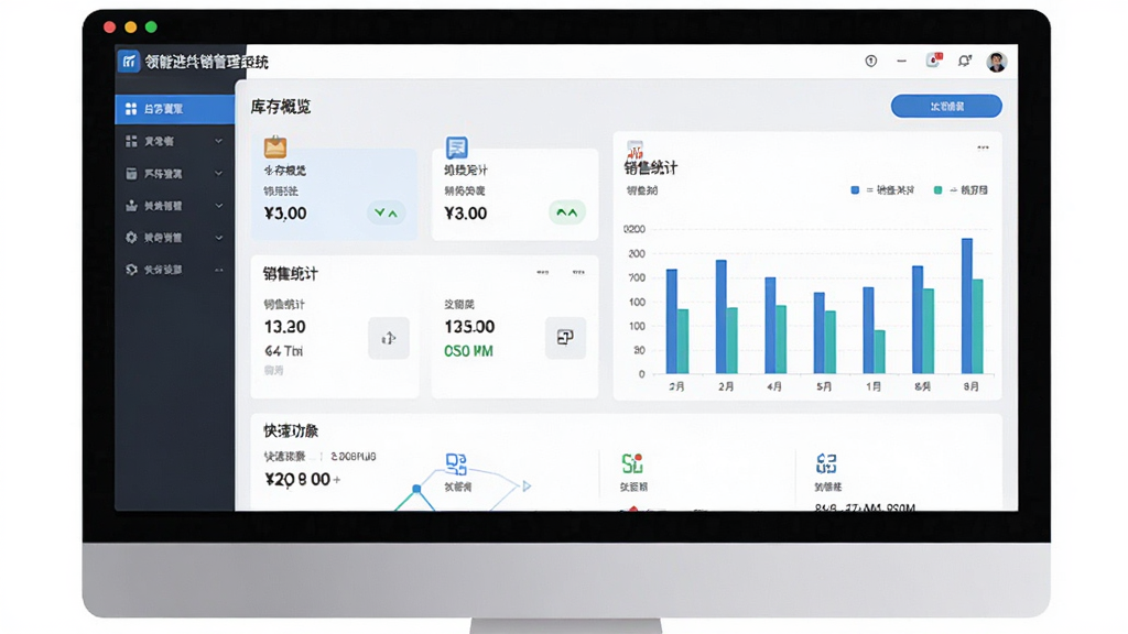 软件主界面截图,展示领智进销存管理系统的仪表盘,包含库存概览、销售统计图表、快捷功能入口。主体为电脑屏幕上的软件界面,布局清晰,排版规整,风格为现代商务简约风,细节包含数据卡片、柱状图、导航菜单,画质高清,干净,无多余元素