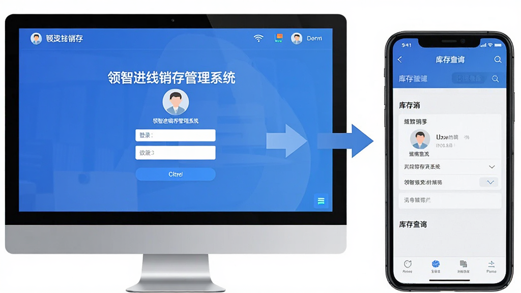 AI生图,画面主体为电脑与手机并排展示,布局左侧为电脑屏幕显示“领智进销存管理系统”登录界面,右侧为手机显示库存查询页面,排版采用对比并列式,风格为扁平化商务,细节包含数据同步箭头、账号头像、网络信号图标,画质高清,干净,无多余元素