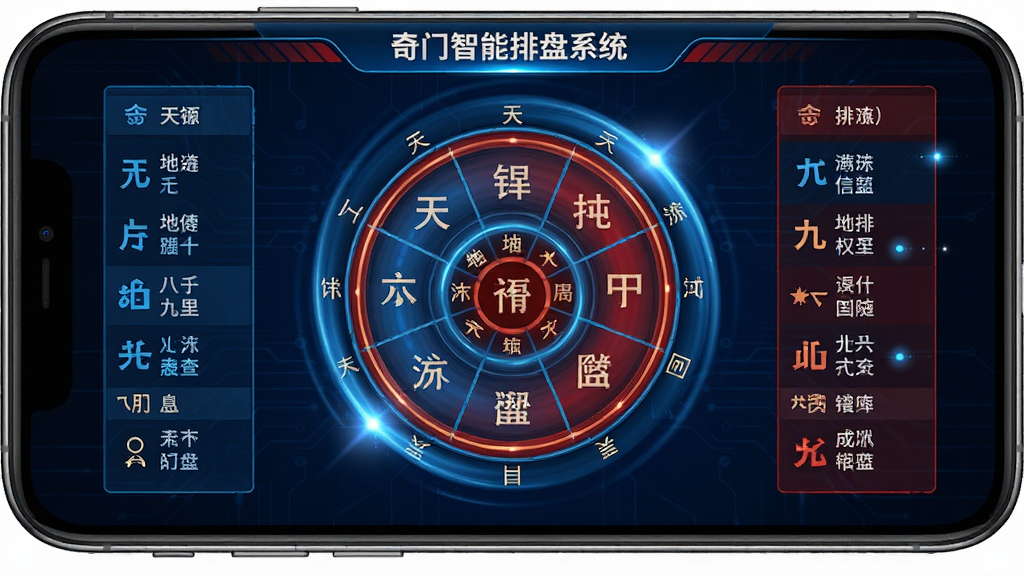 一张展示奇门智能排盘系统运行界面的图片,主体为手机屏幕中央显示旋转的九宫盘,布局采用四周环绕信息栏,排版突出天干地支与九星八门,风格为科技蓝与中国红搭配,细节包括动态旋转的光效、清晰的文字标注,画质高清,干净,无多余元素