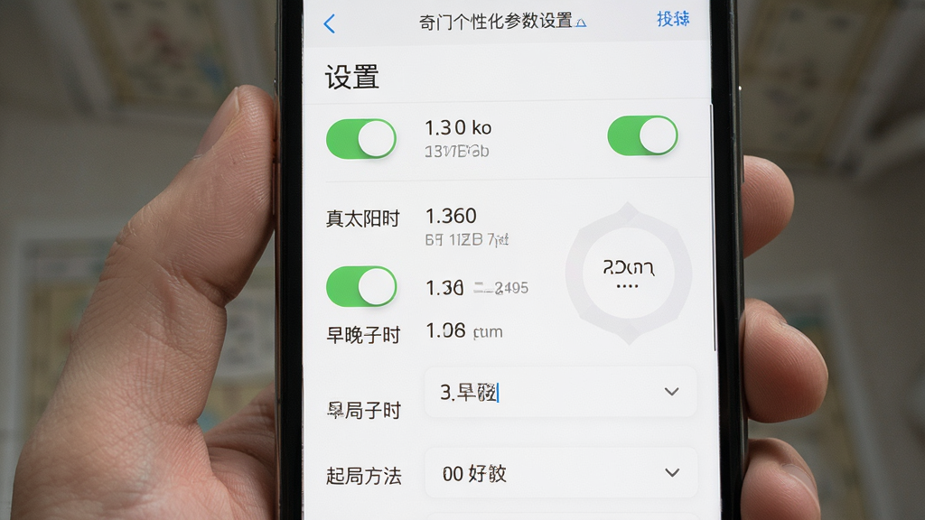 一张展示奇门个性化参数设置页面的图片,主体为手机屏幕显示设置选项列表,布局采用分组表单,排版包含开关按钮与下拉菜单,风格为清爽素雅,细节包括真太阳时、早晚子时、起局方法等文字标签,画质高清,干净,无多余元素