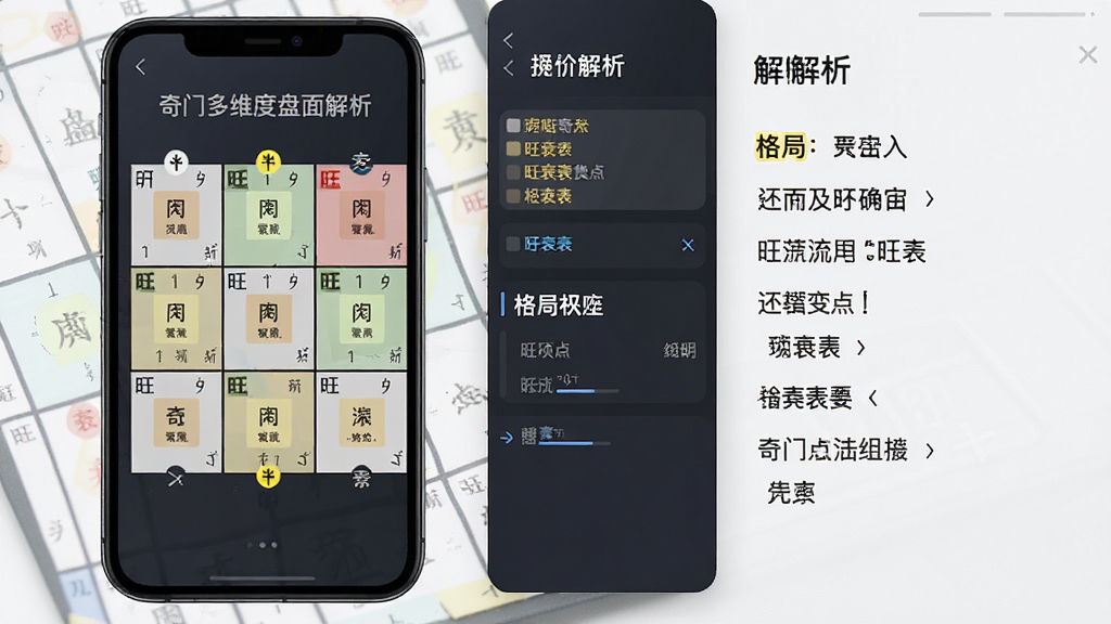 一张展示奇门多维度盘面解析功能的图片,主体为手机屏幕显示九宫格及侧边信息面板,布局采用左右分栏,排版左侧为盘面右侧为解析文字,风格为简约商务,细节包括用神高亮标记、旺衰颜色区分、格局文字说明,画质高清,干净,无多余元素