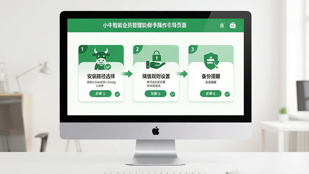 一张展示小牛智能会员管理软件新手操作引导页面的示意图,画面中是一台台式电脑显示器,屏幕上显示分步操作指引卡片,包含安装路径选择、储值规则设置和备份提醒等步骤图标,界面风格友好清晰,绿色与白色搭配,细节有步骤序号和勾选标记,画质高清,干净,无多余元素