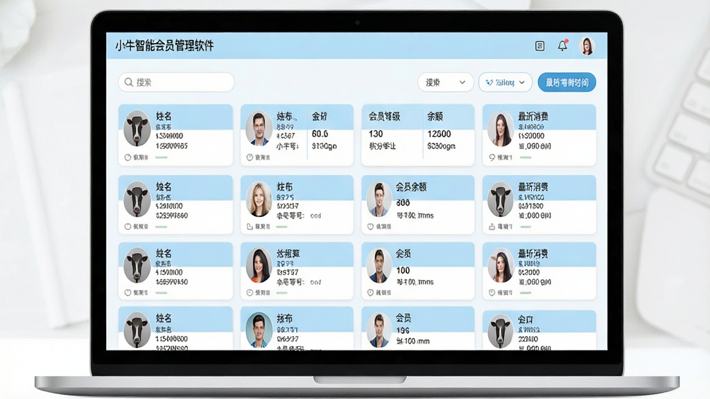 一张展示小牛智能会员管理软件会员档案管理功能的界面截图,画面中是一台笔记本电脑屏幕,屏幕上显示多名会员的档案卡片,包含姓名、手机号、会员等级、积分余额和最近消费时间,卡片以网格形式整齐排列,整体风格清新简约,浅蓝色与白色搭配,细节有搜索框和筛选按钮,画质高清,干净,无多余元素