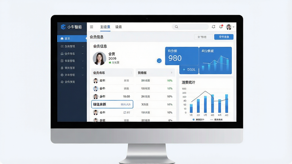 一张展示小牛智能会员管理软件主界面的产品示意图,画面中央是电脑屏幕,屏幕上显示会员信息列表、储值余额、积分数据和消费统计图表,整体布局清晰分为左侧菜单栏、顶部导航栏和中间数据看板区域,风格简洁现代,商务蓝色调为主,细节包含会员头像、数据数字和图表元素,画质高清,干净,无多余元素
