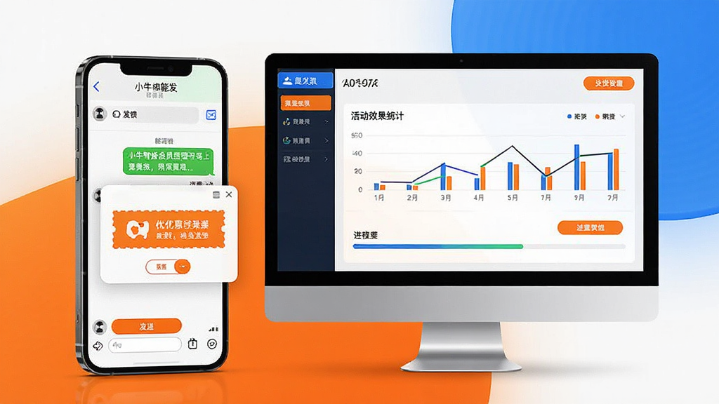 一张展示小牛智能会员管理软件营销活动推送功能的场景图,画面中一部智能手机和一台电脑并排放置,手机屏幕上显示短信群发编辑界面和优惠券发放弹窗,电脑屏幕上显示活动效果统计图表,整体风格明快商务,橙色与蓝色点缀,细节有发送按钮和进度条,画质高清,干净,无多余元素
