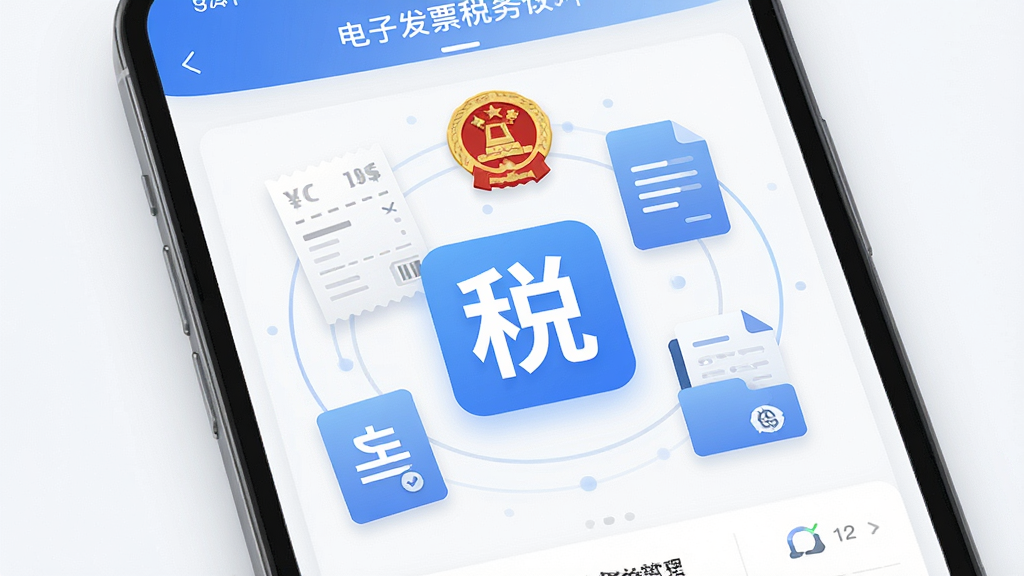 一张展示手机屏幕的图片,屏幕中显示电子发票税务管理软件的首页界面,界面干净整洁,主体是一个蓝色的税务管理图标,周围环绕着发票、税徽、数字文件等元素,布局居中对称,风格为扁平化商务科技风,细节上带有柔和的光影效果,画质清晰,干净,无多余元素