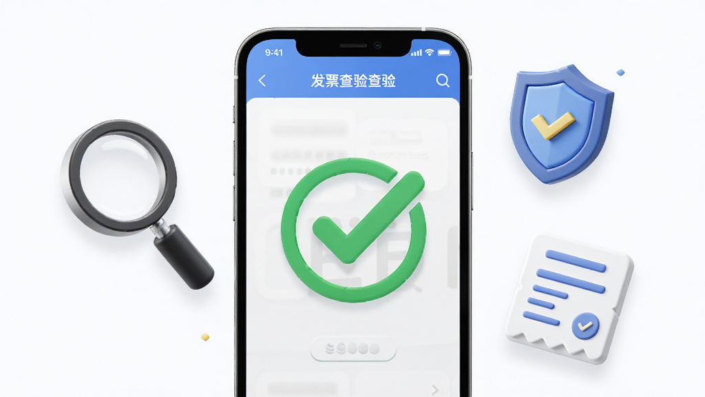 电子发票税务管理软件的功能展示图,画面中央是一部手机,手机屏幕显示发票查验界面,屏幕上有一个绿色的查验通过勾选标志,旁边漂浮着放大镜、盾牌和发票图标,布局采用左右平衡构图,风格为现代简约商务风,细节上图标带有微立体感,画质高清,干净,无多余元素