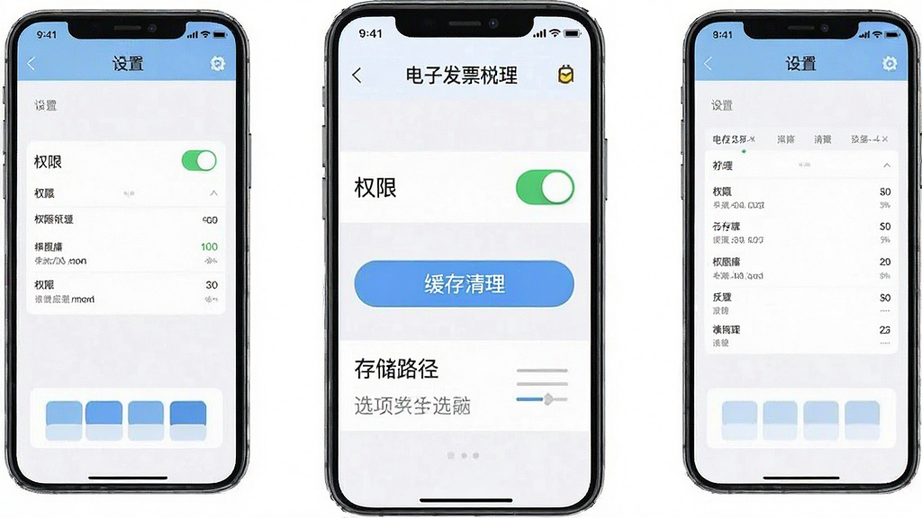 一张手机界面截图风格的图片,展示电子发票税务管理软件的设置页面,页面上有权限开关、缓存清理按钮和存储路径选项,布局为纵向列表,风格为清爽浅色系,细节上按钮带有圆角,画质清晰,干净,无多余元素