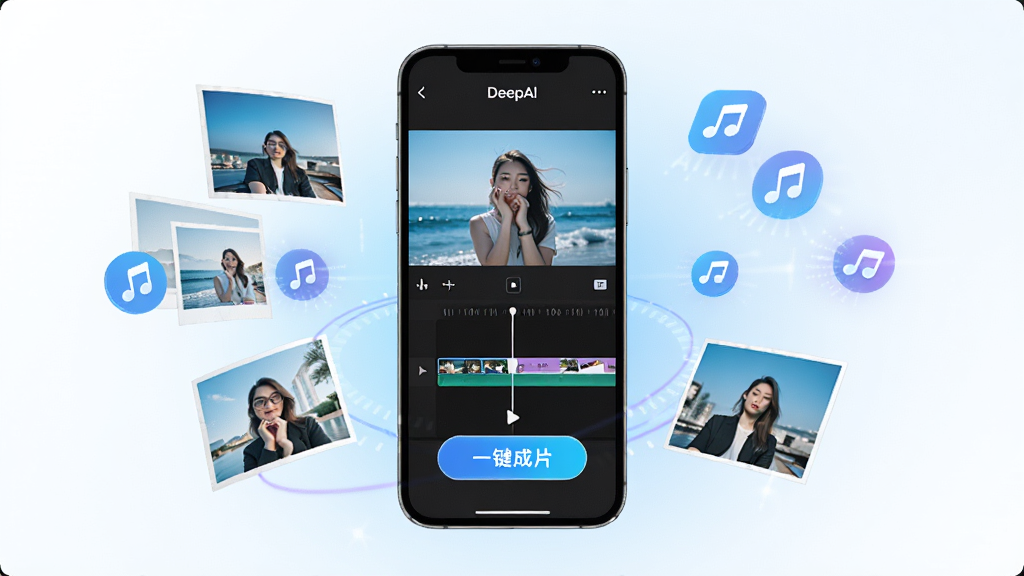 DeepAI一键成片软件主界面展示,画面中央是一部智能手机,屏幕中显示视频剪辑时间线与一键成片按钮,周围漂浮照片素材、音乐图标与AI光效,整体采用明亮科技蓝与白色渐变风格,布局简洁清晰,画质高清干净,无多余元素