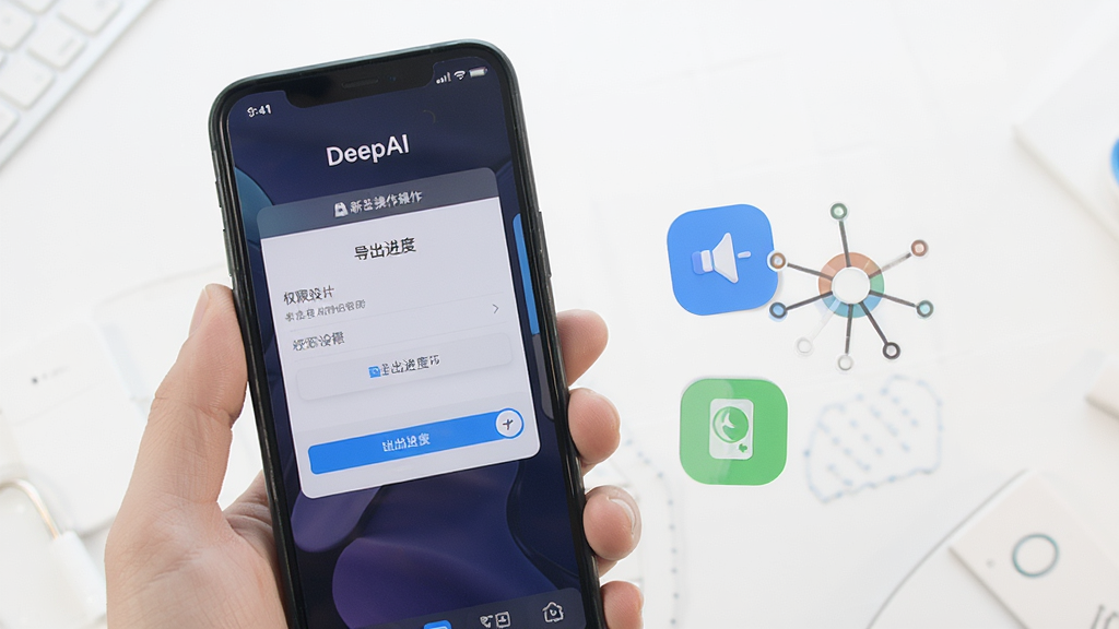 DeepAI一键成片新手操作示意图,画面中一部手机显示权限设置与导出进度界面,旁边有提示图标,整体风格简洁明快,布局清晰,画质高清,干净无多余元素