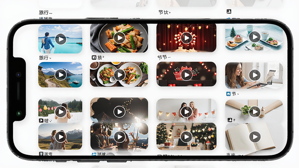 DeepAI一键成片模板库界面展示,手机屏幕中排列多个视频模板缩略图,包含旅行、美食、节日等主题,界面采用圆角卡片布局,浅色背景,排版整齐,画质清晰,干净无多余元素
