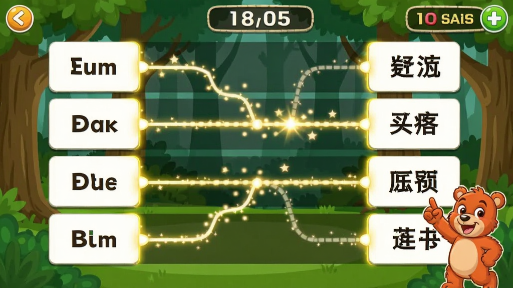 跳跳熊单词连连看游戏界面截图,画面中显示多张卡片,左侧是英文单词,右侧是中文释义,中间有连线消除的特效,跳跳熊卡通形象在角落加油,背景为森林场景,风格为活泼卡通,布局为网格状卡片排列,细节包括高亮的匹配卡片和得分显示,画质清晰,干净,无多余元素