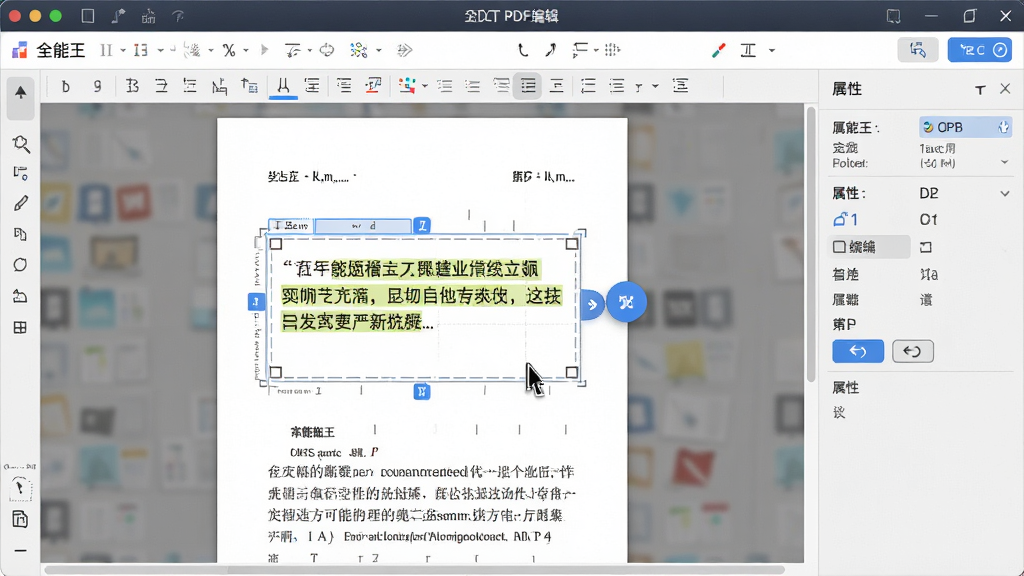 一张展示全能王PDF编辑器编辑功能的图片,主体为软件界面中正在编辑的PDF文档,布局为中央文档编辑区配合右侧属性面板,排版突出文字编辑框与工具栏,风格为简洁商务风,细节包括光标、文本高亮、编辑按钮、撤销图标,画质高清,干净,无多余元素