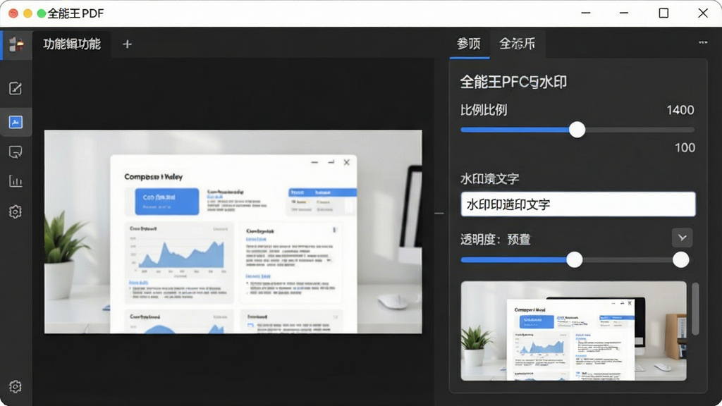 一张展示全能王PDF编辑器压缩与水印功能的图片,主体为软件功能设置面板,布局为左侧预览区、右侧参数调节区,排版突出压缩滑块与水印选项,风格为现代办公风,细节包括压缩比例条、水印文字框、透明度调节、预览效果,画质高清,干净,无多余元素