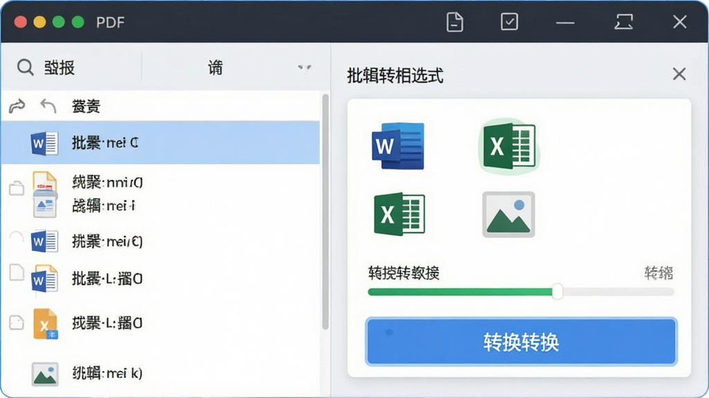 一张展示全能王PDF编辑器格式转换功能的图片,主体为软件转换界面,布局为左侧文件列表、右侧格式选择区,排版清晰展示批量文件与转换按钮,风格为科技办公风,细节包括Word图标、Excel图标、图片图标、进度条,画质高清,干净,无多余元素