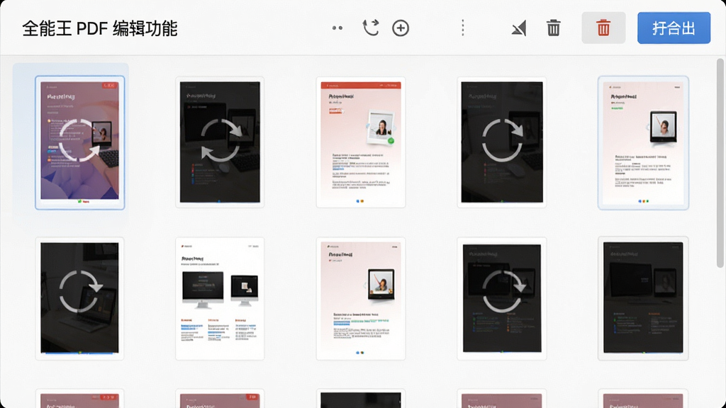 一张展示全能王PDF编辑器页面管理功能的图片,主体为软件页面缩略图管理界面,布局为网格状页面预览配合顶部操作按钮,排版整齐,风格为简约工具风,细节包括页面缩略图、旋转箭头、删除图标、合并按钮,画质高清,干净,无多余元素