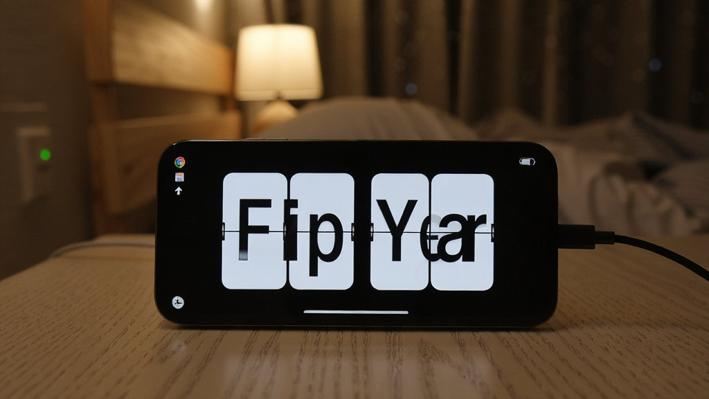 一部手机横屏放置在桌面上,屏幕显示FlipYear翻页时钟,周围有充电线连接,背景为夜晚卧室环境,床头灯光柔和,风格为生活场景摄影,细节包括屏幕亮度、充电指示灯、桌面纹理,画质高清,干净,无多余元素