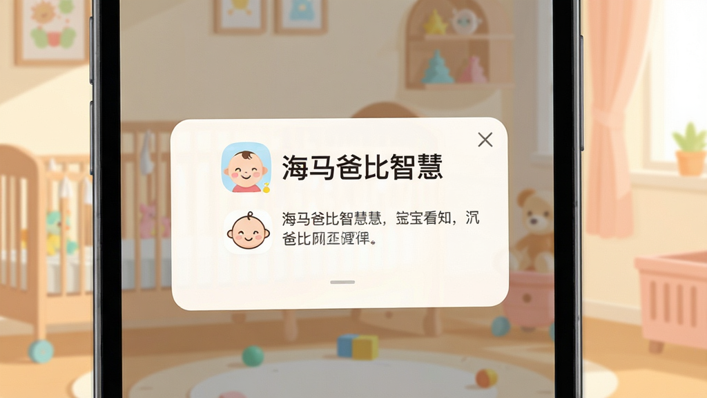 海马爸比智慧应用界面特写,手机屏幕展示宝宝看护提醒弹窗,弹窗中有“海马爸比智慧”字样与婴儿笑脸图标,背景为温馨的婴儿房,画面柔和明亮,扁平化科技插画风格,细节清晰,干净无杂乱元素