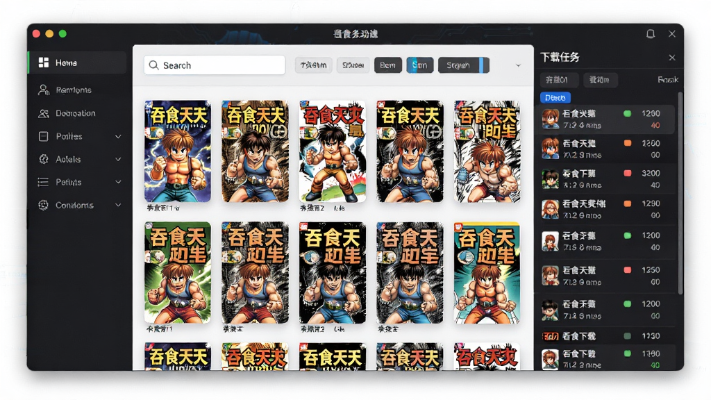 软件主界面展示,主体为吞食天地漫画下载器窗口,布局中央为漫画封面网格列表,左侧为功能导航栏,右侧为下载任务队列,排版清晰有序,风格为现代简约科技风,细节包含进度条、搜索框、分类标签,画质高清,干净,无多余元素