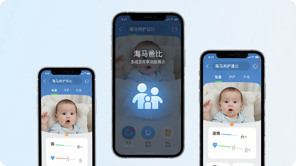 海马爸比智慧多成员共享功能展示图,画面中有三到四部不同尺寸的手机围成一圈,每部手机屏幕都显示相同的宝宝看护界面,中间有一个发光的家庭图标,背景为浅色渐变,风格简洁现代,画质清晰,无多余装饰