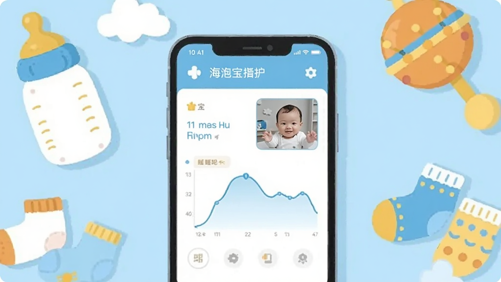 画面中央放置一部智能手机,屏幕显示海马爸比智慧的宝宝看护界面,界面中有婴儿睡眠曲线与实时画面小窗,手机周围环绕奶瓶、拨浪鼓、小袜子、云朵等柔和元素,整体采用浅蓝与暖黄配色,扁平化插画风格,画面干净整洁,无多余文字,高清画质