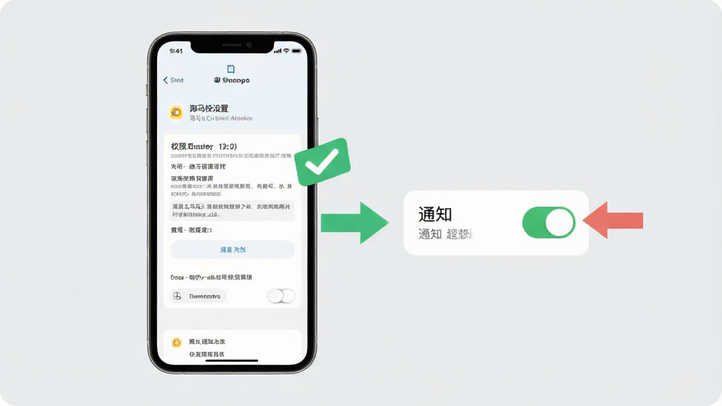 海马爸比智慧新手设置引导图,画面展示手机屏幕上的权限设置页面与通知开关,旁边有对勾和箭头指示,背景为浅灰色,风格简洁清晰,画质干净,无多余文字