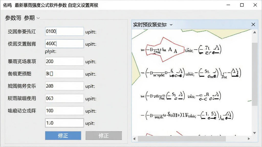 佑鸣最新暴雨强度公式软件参数自定义设置面板,界面展示可编辑的参数输入框与修正按钮,背景为浅灰色工作区,右侧有实时预览窗口显示修正后的公式变化,风格专业严谨,布局为左侧参数列表右侧预览区,细节包含数值输入框与单位标注,画质清晰干净,无多余元素