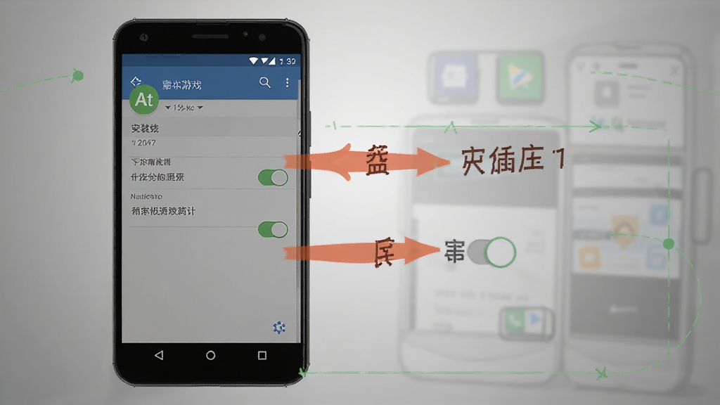 一张展示手机游戏安装与设置界面的示意图,画面中是一部安卓手机显示着应用权限管理页面,旁边有箭头指向存储权限和通知权限的开关按钮,背景是简洁的灰色渐变,布局为教程风格,细节清晰,画质干净,无多余元素
