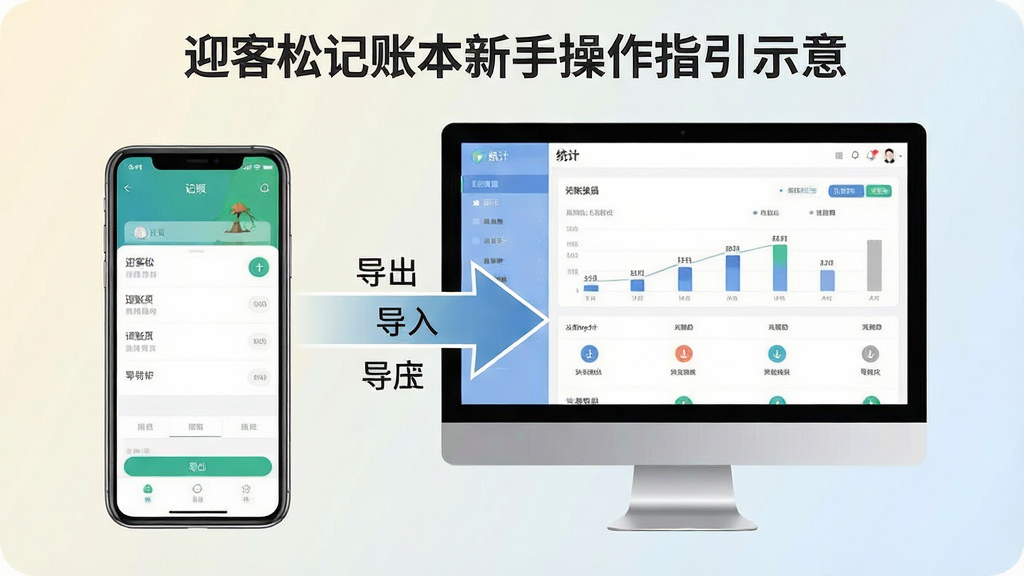 迎客松记账本新手操作指引示意图,画面中央为手机与电脑并排展示,手机屏幕显示记账首页,电脑屏幕显示统计页面,中间用箭头连接表示数据导出导入流程,背景为浅色渐变,布局为左右对称,风格为教程图解,细节包括箭头标注“导出”“导入”文字,图标简洁,画质高清,干净,无多余元素