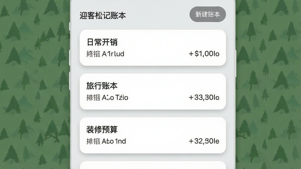 迎客松记账本多账本管理界面,画面中央为账本列表卡片,每张卡片显示账本名称“日常开销”“旅行账本”“装修预算”及对应结余金额,右上角有新建账本按钮,背景为浅灰色,布局为纵向卡片流,风格为柔和圆角极简,细节包括卡片阴影轻微、文字层级分明,画质高清,干净,无多余元素