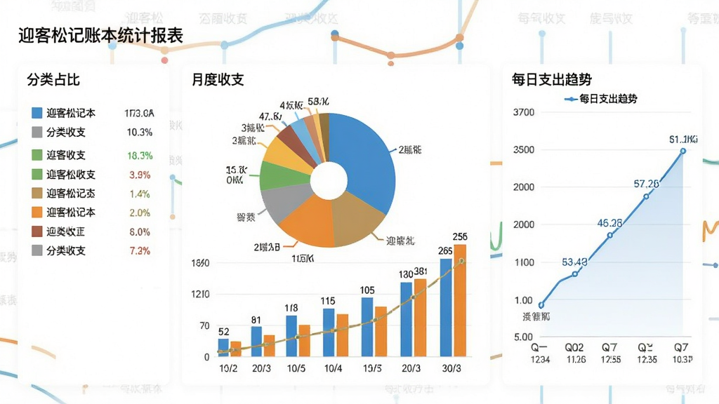 迎客松记账本统计报表页面,画面中央为月度收支饼状图与柱状图组合,左侧显示分类占比图例,右侧显示每日支出趋势折线,背景为白色,布局为左右分栏,风格为现代数据可视化,细节包括图例文字清晰、颜色区分明显、数据标签完整,画质高清,干净,无多余元素
