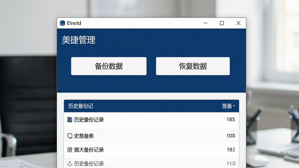 一张美捷桌面便签数据备份界面图,画面中显示软件的数据管理窗口,窗口内有“备份数据”和“恢复数据”两个按钮,下方列出历史备份记录,界面风格简洁商务,配色以深蓝和白色为主,画质清晰,无多余元素