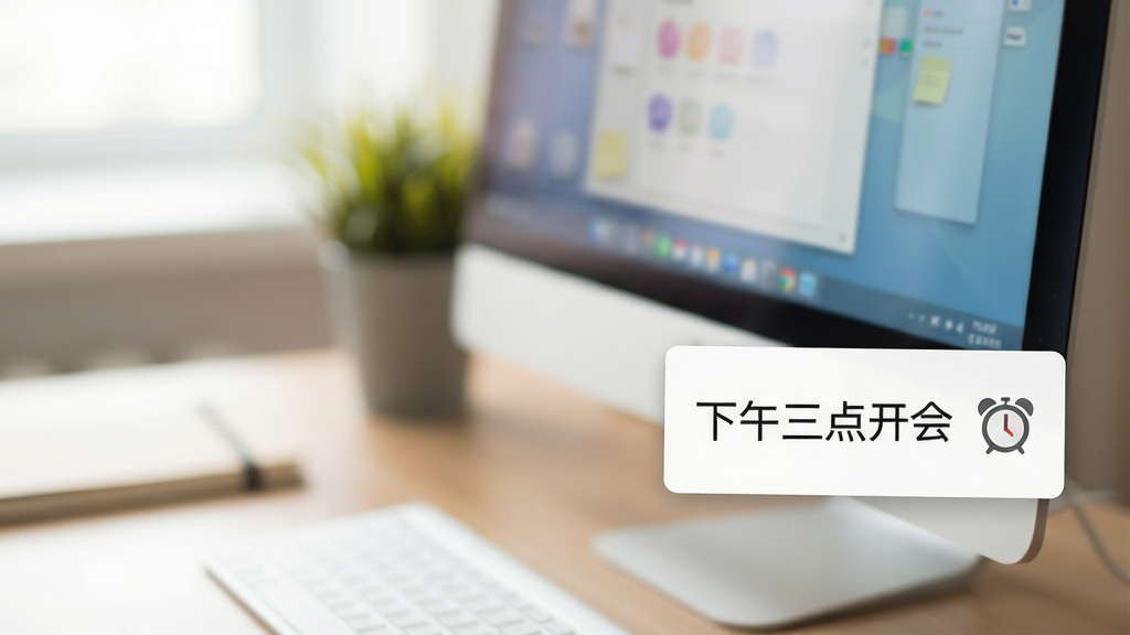 一张美捷桌面便签提醒功能展示图,画面中电脑屏幕右下角弹出一个提醒窗口,窗口内显示文字“下午三点开会”,旁边有一个小闹钟图标,背景是模糊的办公桌面,整体色调柔和,画质清晰,无多余元素