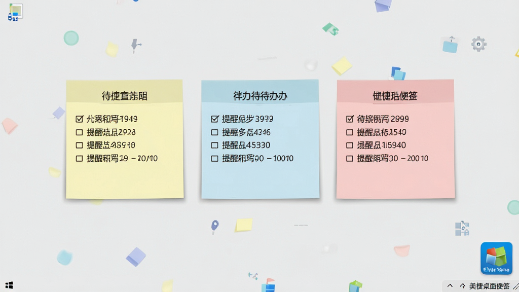 一张Windows电脑桌面截图,画面中央显示三张彩色便签纸整齐排列,便签上写有中文待办事项和提醒时间,便签颜色分别为淡黄、浅蓝、浅粉,桌面背景为简洁的浅灰色,右下角有美捷桌面便签软件的小图标,整体风格干净清爽,画质清晰,无多余元素