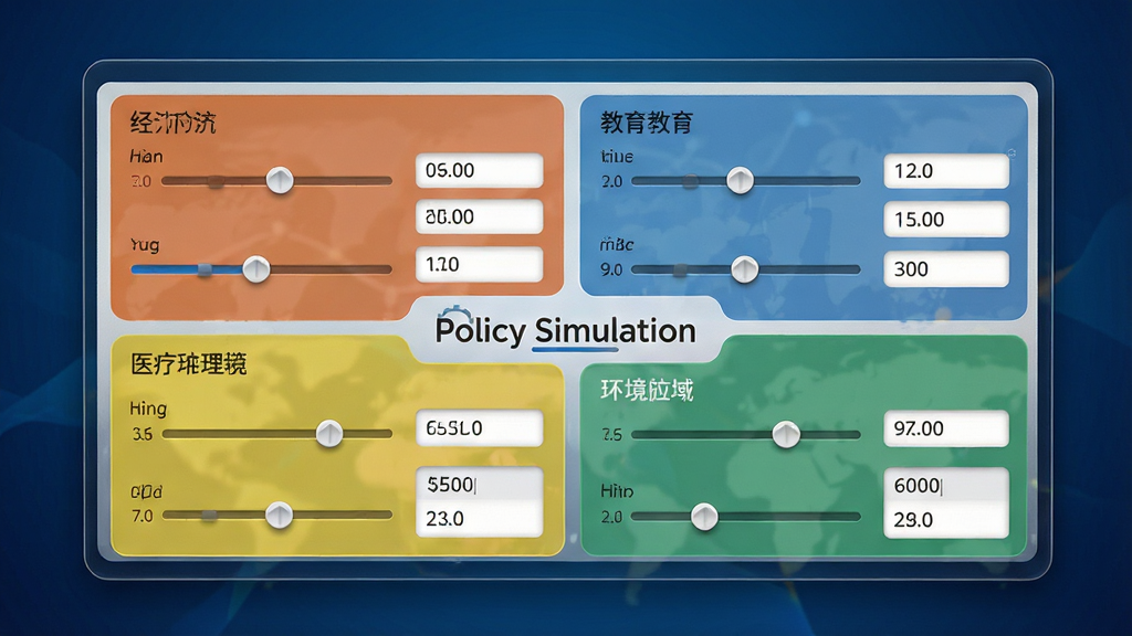 Policy Simulation 软件的多维度参数调节面板特写,面板上分布着经济、教育、医疗、环境四个彩色分区,每个分区内有滑块和数值输入框,界面风格现代简洁,背景为深蓝色渐变,画面中央有