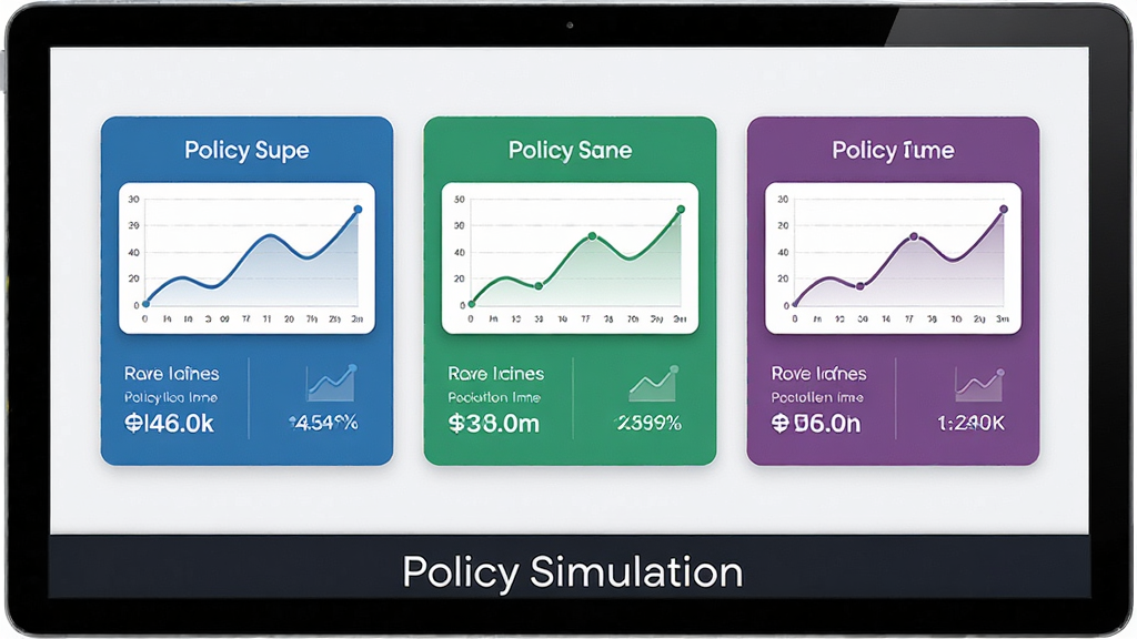 Policy Simulation 软件的情景方案对比界面,屏幕上并排显示三个不同颜色的方案卡片,每个卡片内有迷你折线图和关键指标数值,界面底部有