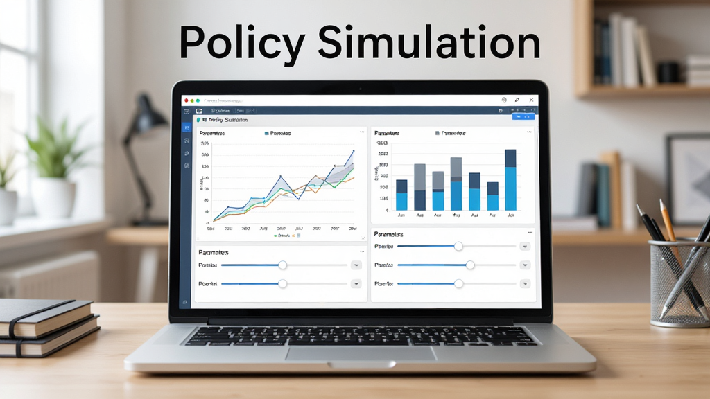 一台打开着的笔记本电脑屏幕上显示着 Policy Simulation 软件的主界面,界面中包含折线图、柱状图与参数调节滑块,背景是明亮的书房环境,桌面整洁,画面中央上方有