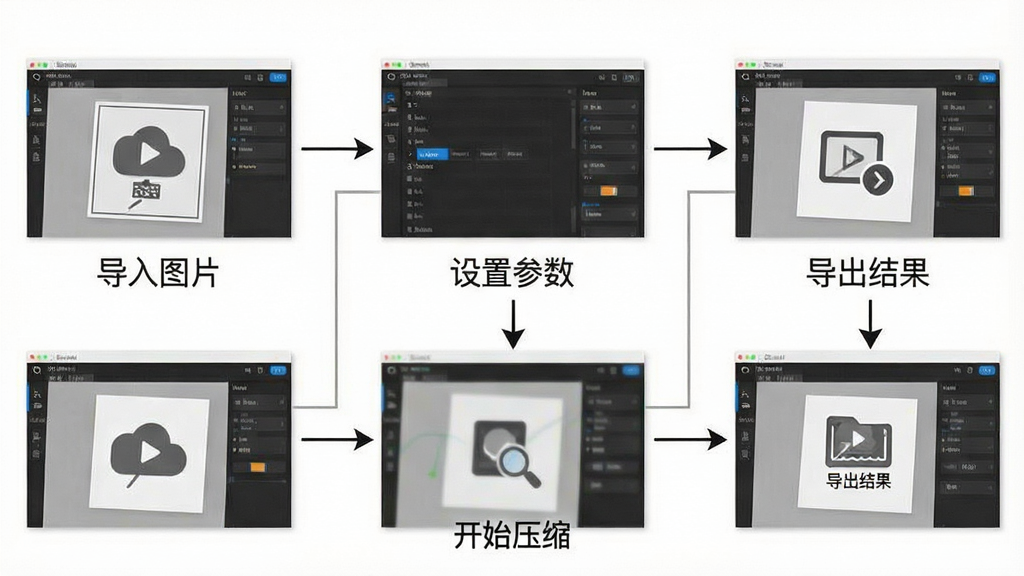 一张展示图压新手操作步骤的图片,画面以流程图形式呈现,从“导入图片”到“设置参数”再到“开始压缩”最后“导出结果”,每个步骤配有软件界面截图,风格清晰易懂,画质干净,无多余文字