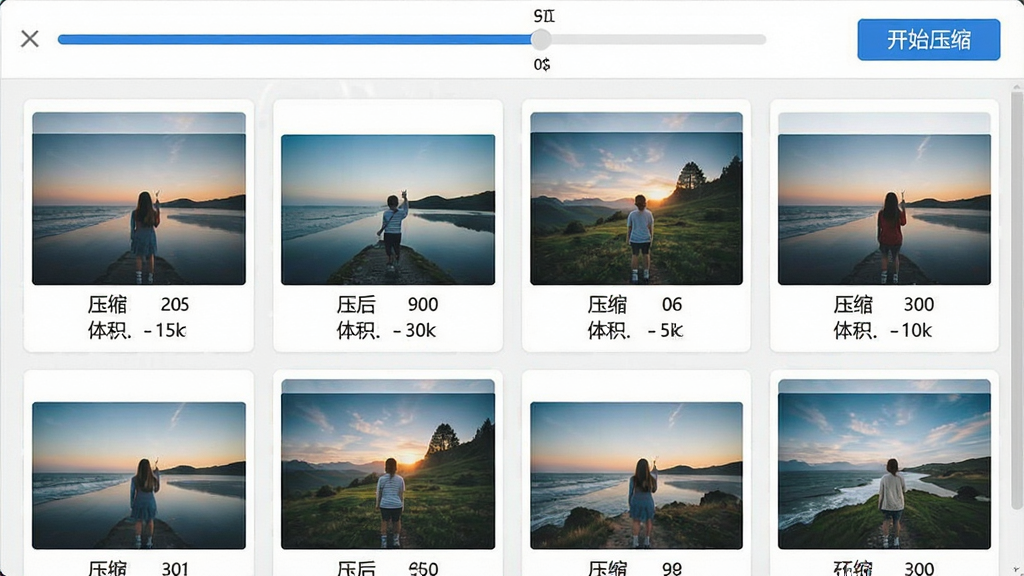 一张展示图压批量处理能力的图片,画面中软件界面内有多张图片以网格形式排列,每张图片下方显示压缩前后体积对比,界面顶部有进度条和“开始压缩”按钮,风格简洁明亮,画质清晰,无多余装饰