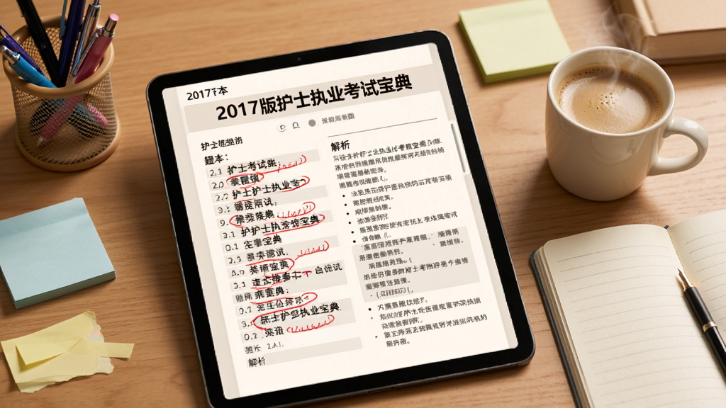 AI生图,画面主体为“2017版护士执业考试宝典”错题本界面,屏幕上显示红色标记的错题列表和解析文字,旁边有一杯咖啡和笔记本,布局为桌面视角,风格温馨学习风,细节包括笔筒和便签纸,画质清晰,干净,无多余元素