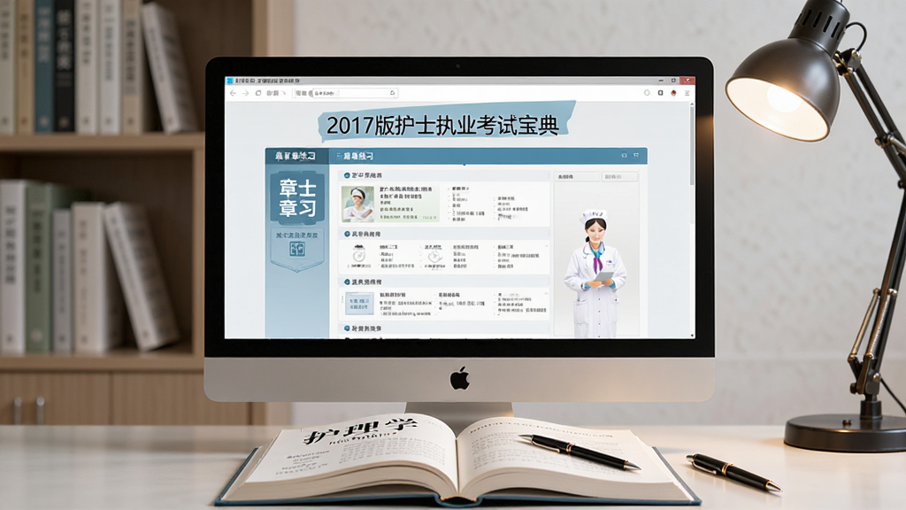 AI生图,画面主体为电脑屏幕显示“2017版护士执业考试宝典”章节练习界面,屏幕前方放置一本翻开的护理学教材和一支笔,布局居中,风格写实,细节包括书架背景和台灯光线,画质清晰,干净,无多余元素