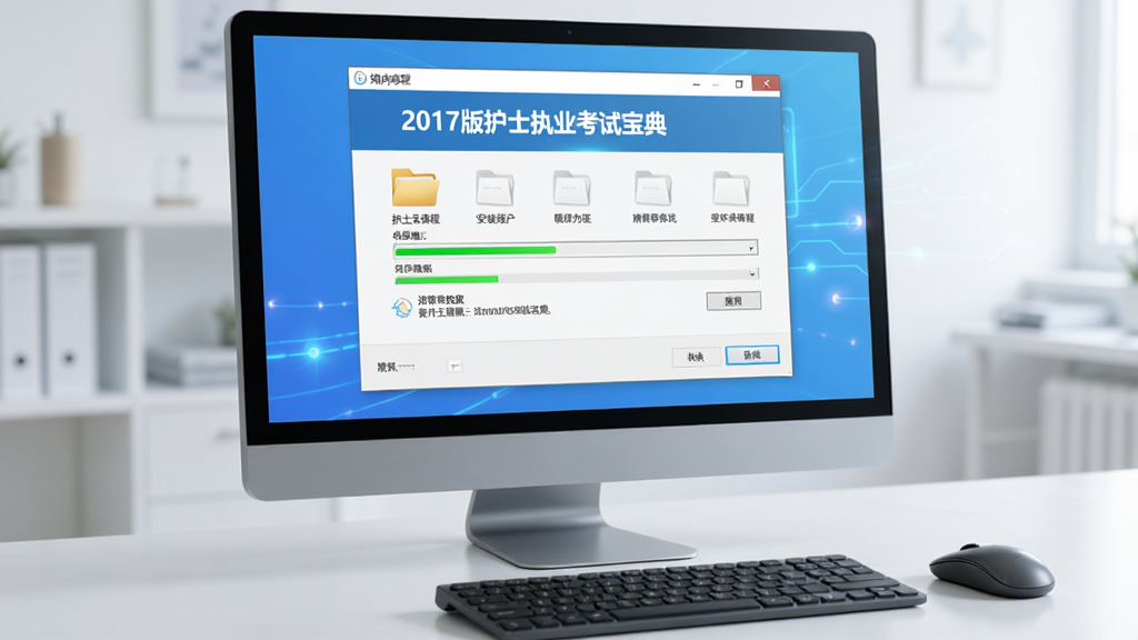 AI生图,画面主体为电脑屏幕显示“2017版护士执业考试宝典”安装向导界面,用户正在选择安装路径,屏幕旁边有鼠标和键盘,布局为桌面视角,风格简洁科技风,细节包括进度条和文件夹图标,画质清晰,干净,无多余元素